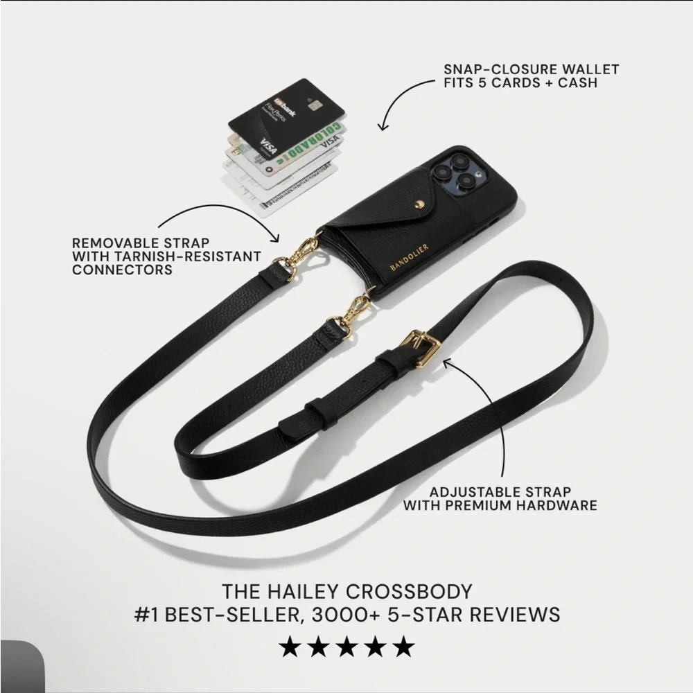 Bandolier Black Leather Phone Crossbody For 15 pro max